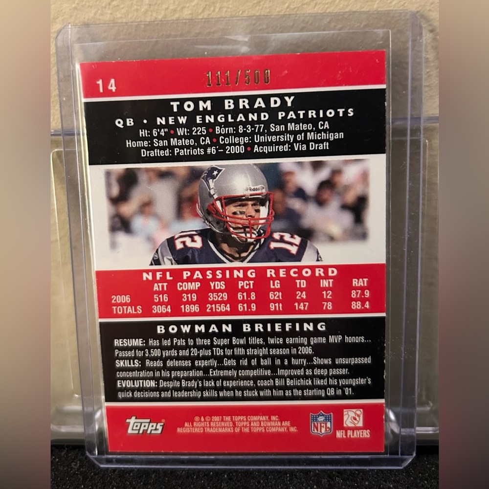 Tom Brady 2007 Topps Bowman BLUE /500 Football Card - Picture 2 of 6